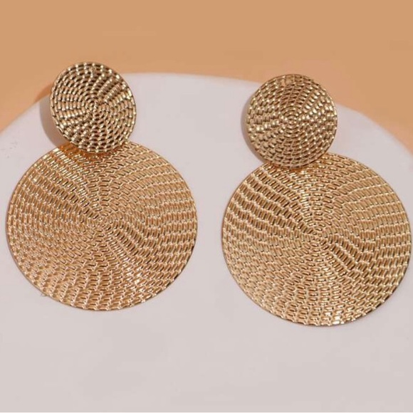 Geometric Round Metallic Alloy tiered Drop Earings - Picture 3 of 6